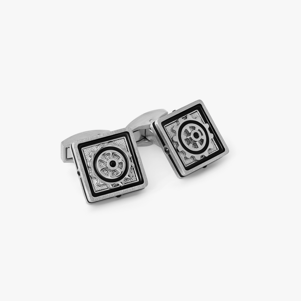 Nautical Gear Cufflinks with Black Enamel & Swarovski Stone