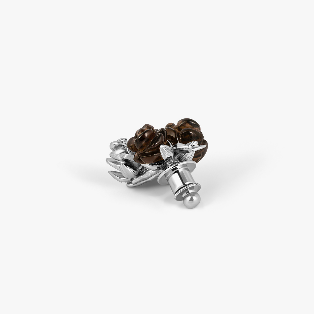 Three Roses Pin In Palladium Plated Base Metal With Smokey Quartz