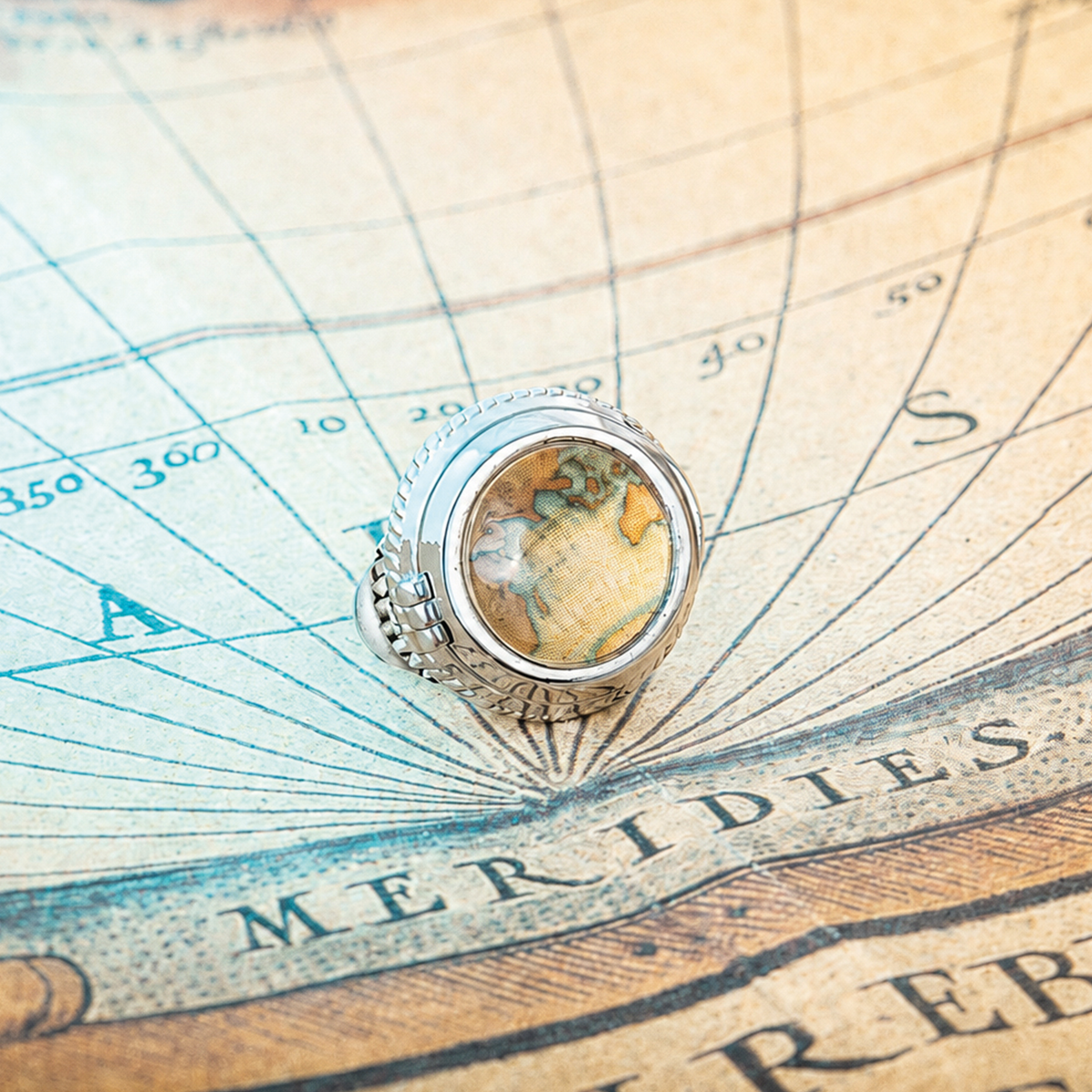 Porthole Picture Frame Brooch Pin in White Bronze with Vintage World Map