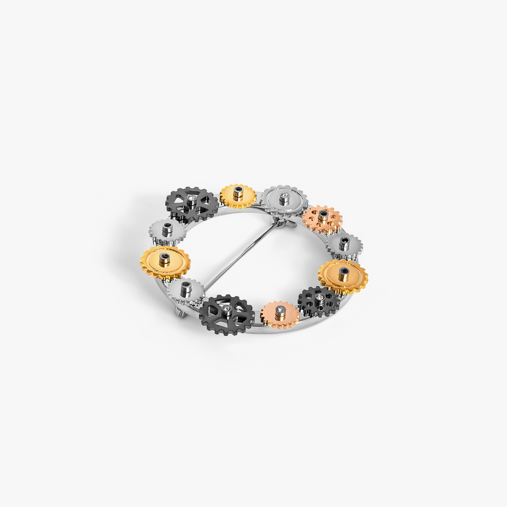 Multi Gear Cerchio Brooch Pin with Rotating Gears