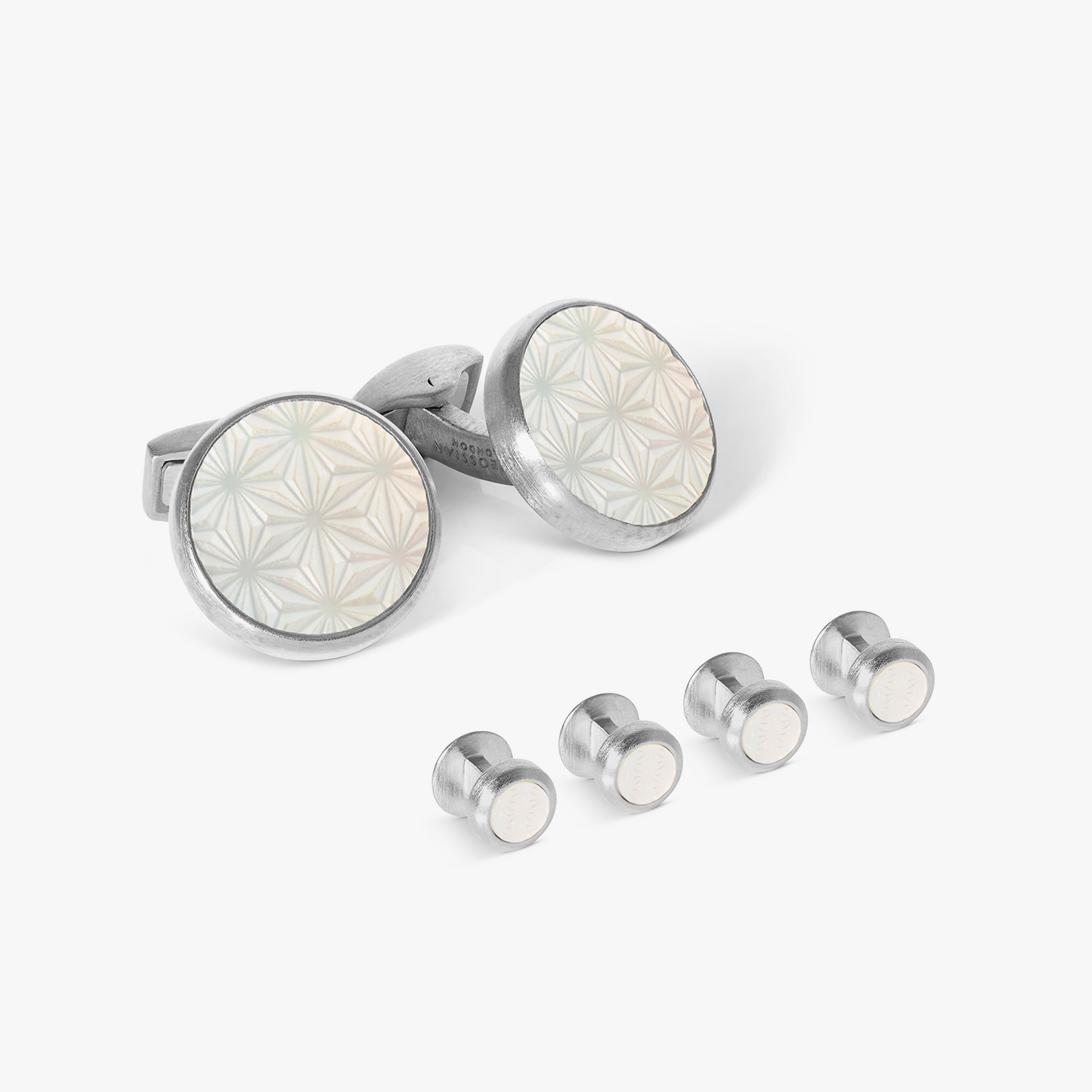 Asanoha Semi -Precious Cufflinks & Shirt Studs in White MOP & Palladium Plated
