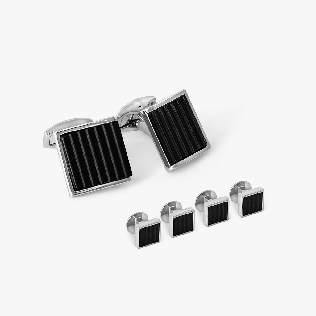 Ribbed Wedge Semi-Precious Stone Cufflink & Stud Set in Black Onyx