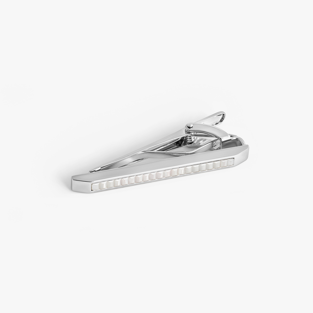 Ribbed Wedge Semi-Precious Stone Tie Clip in White Mother of Pearl