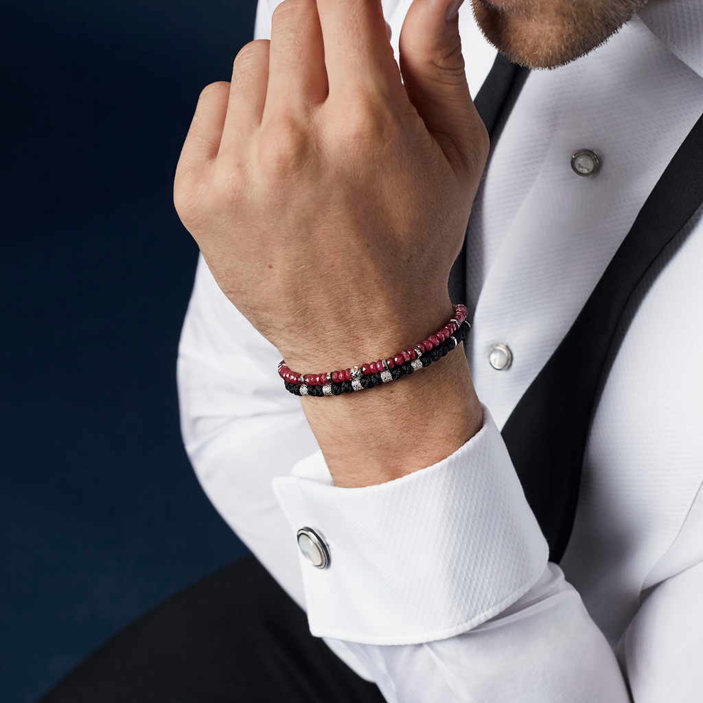 Signature Round Cufflinks and Stud Set in Rhodium Plated Silver with White MOP