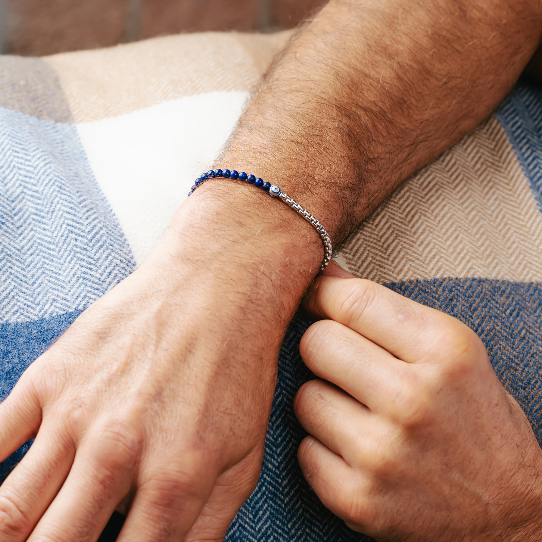 Sennit Box Evil Eye Bracelet In Rhodium Plated Sterling Silver With Lapis