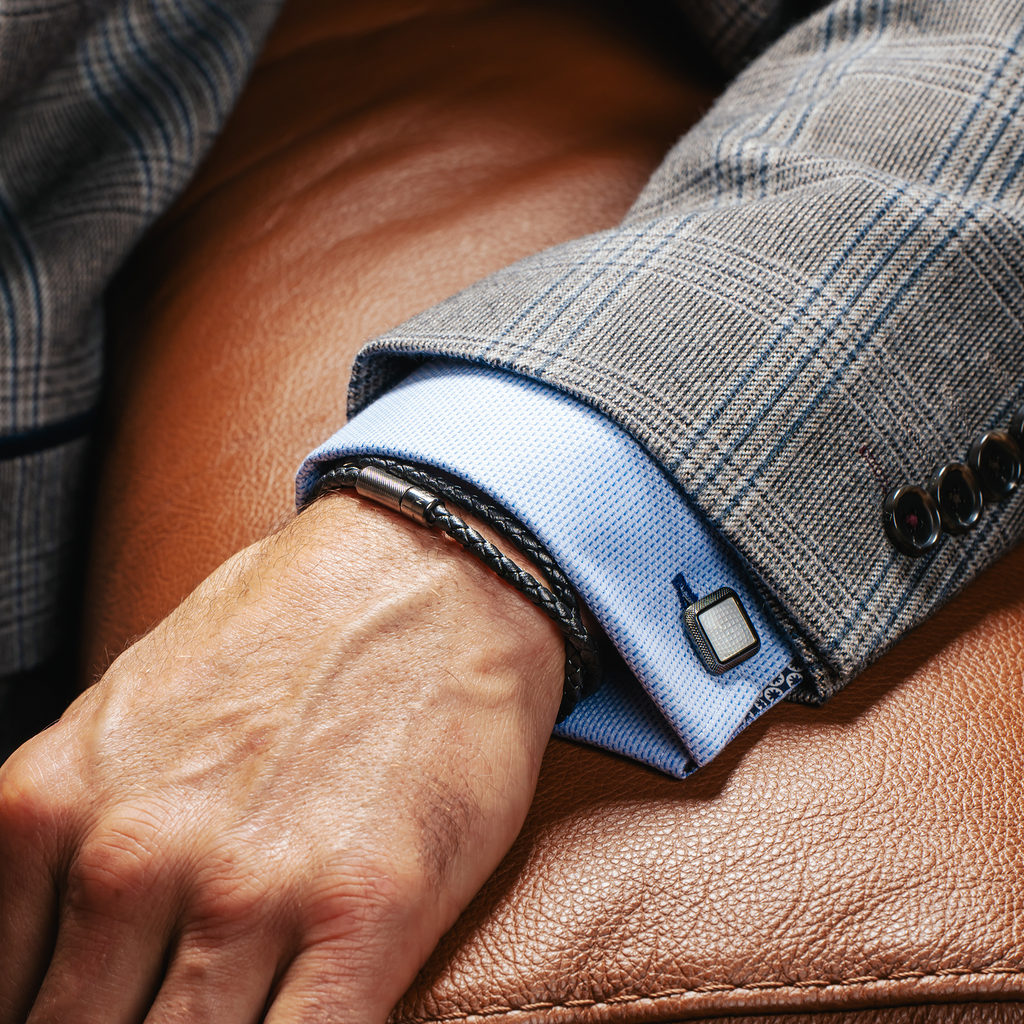 Spazio Square Semi Precious Cufflinks In Gunmetal Plated Base Metal With White Mother Of Pearl
