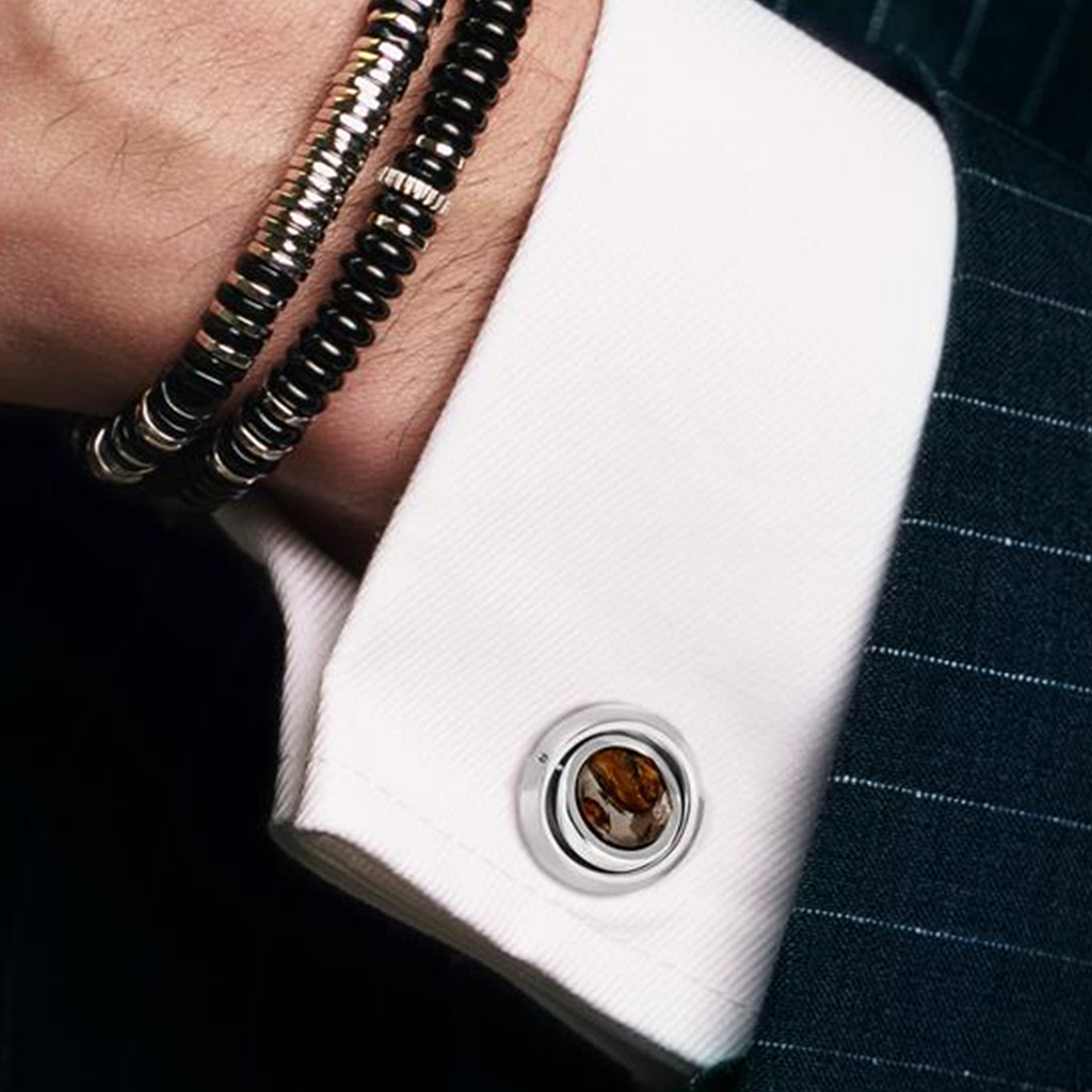 Swivelling Meteorites Cufflinks In Palladium Plated Base Metal With Brown Stony-Iron Meteorite (Limited Edition)