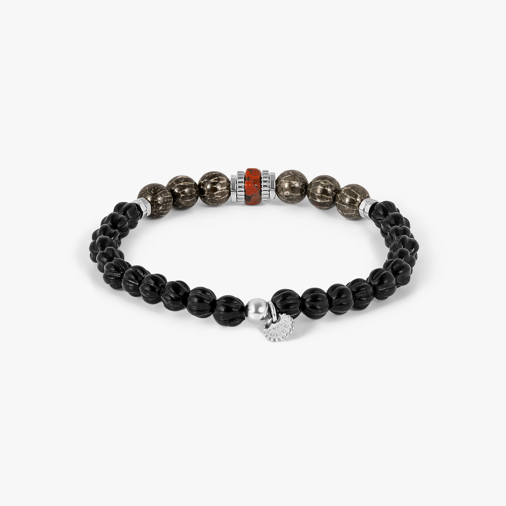 Bryozoan Pebble Bracelet In Sterling Silver with Black Agate