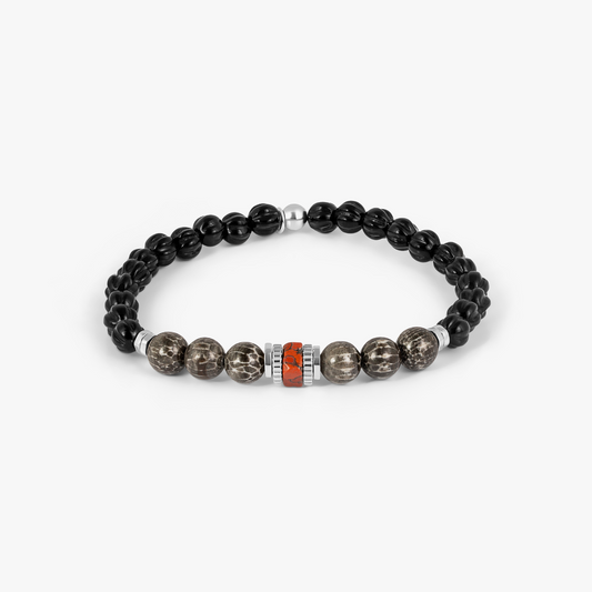 Bryozoan Pebble Bracelet In Sterling Silver with Black Agate