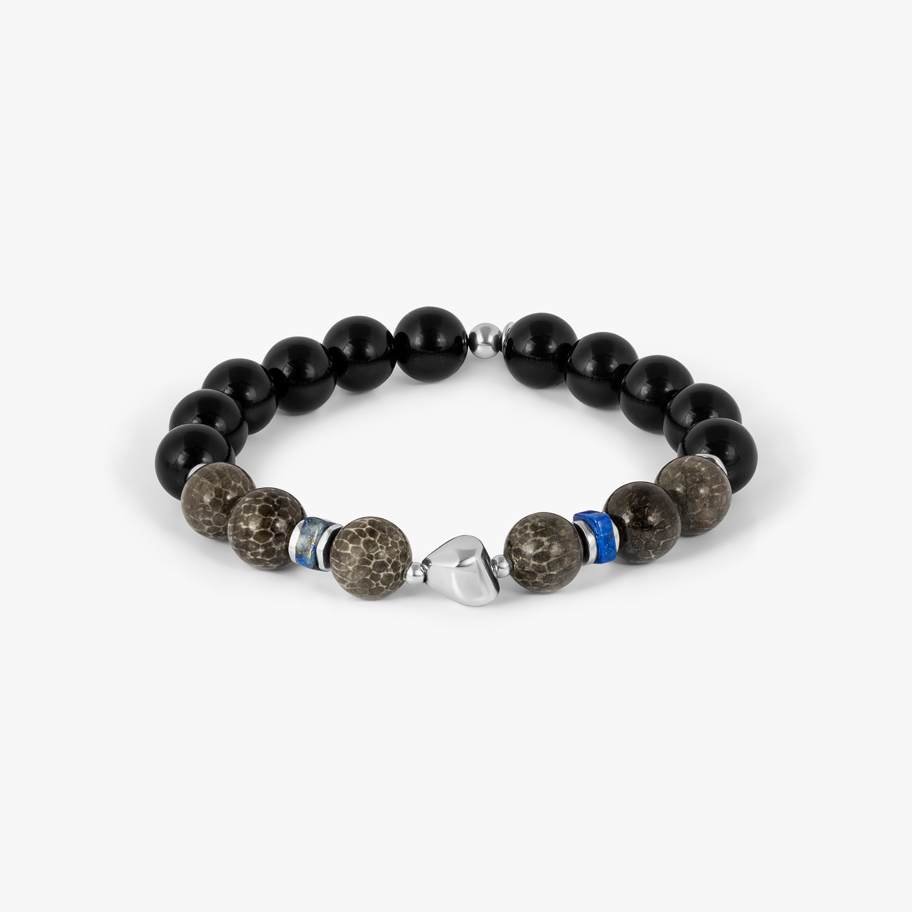 Bryozoan Pebble Bracelet In Rodium Plated Silver with Blue Lapis