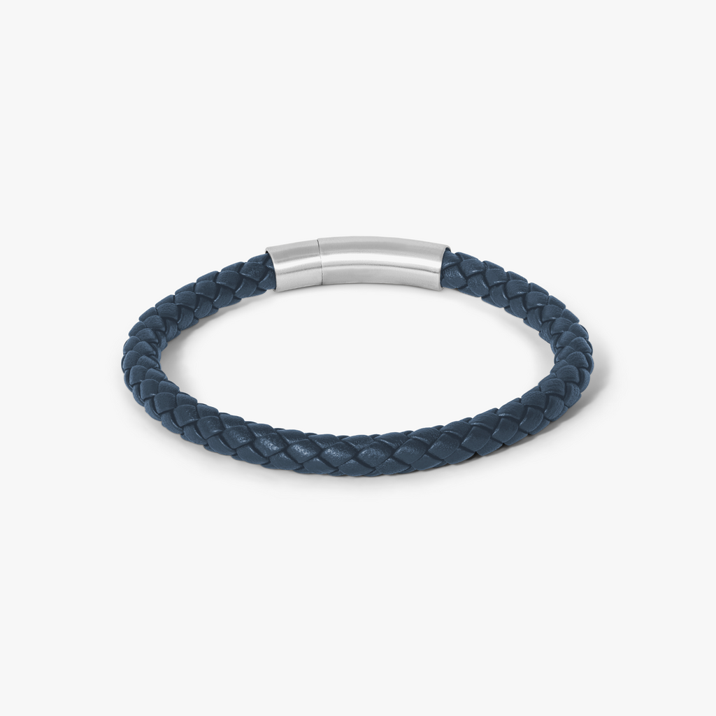 Charles Click Pelle bracelet in navy with braided Italian leather and rhodium-plated matte clasp.