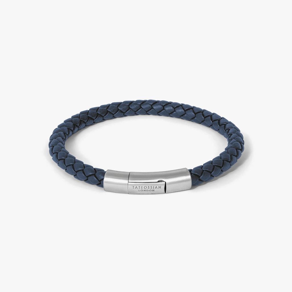 Charles Click Pelle bracelet in navy with braided Italian leather and rhodium-plated matte clasp.