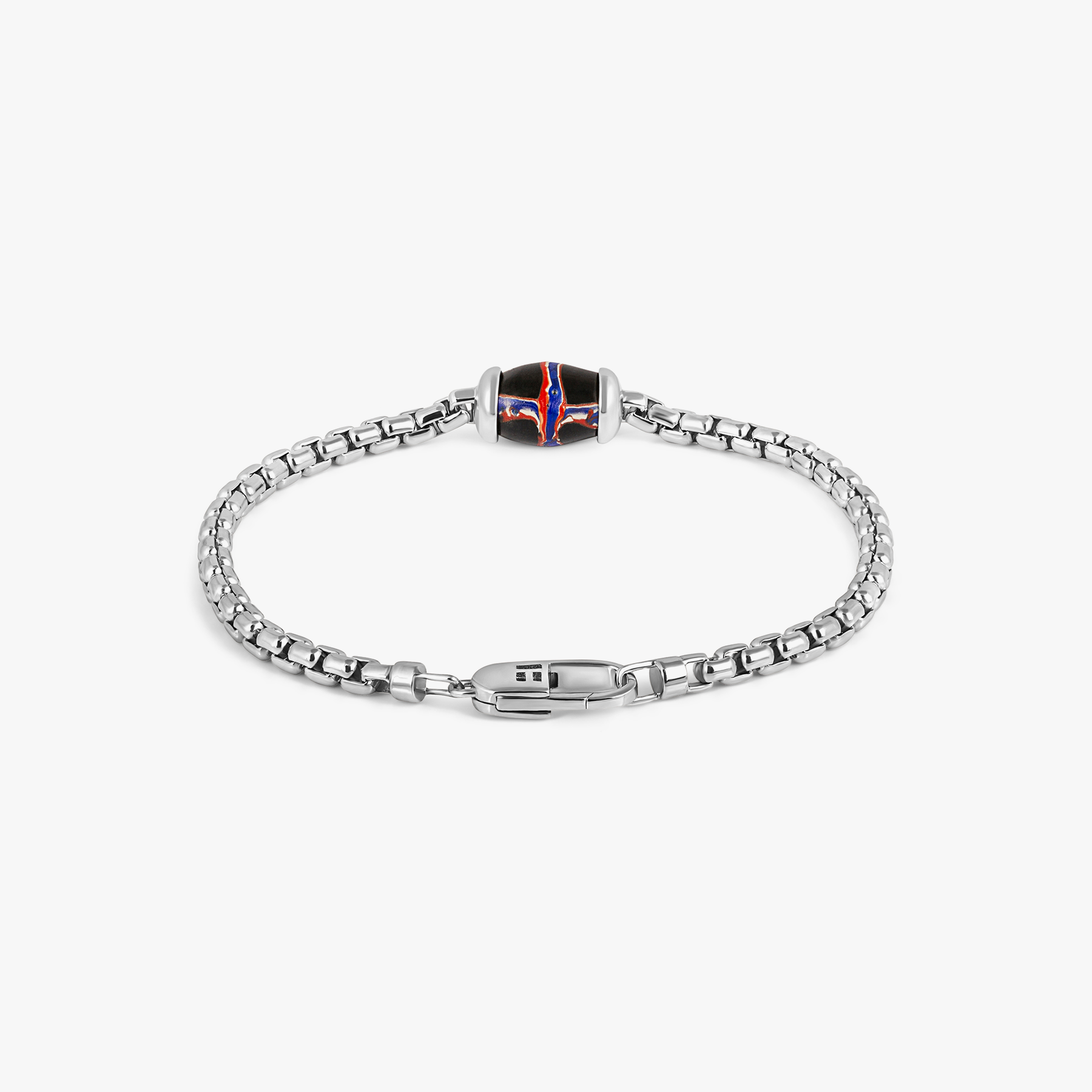 French Cross Chain Bracelet In Rhodium Plated Sterling Silver With Black French Cross Bead