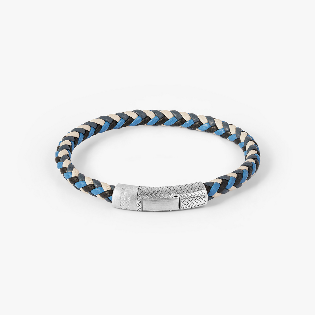 Herringbone Click Multi Pelle Bracelet In Rhodium Plated Sterling Silver With Blue Leather