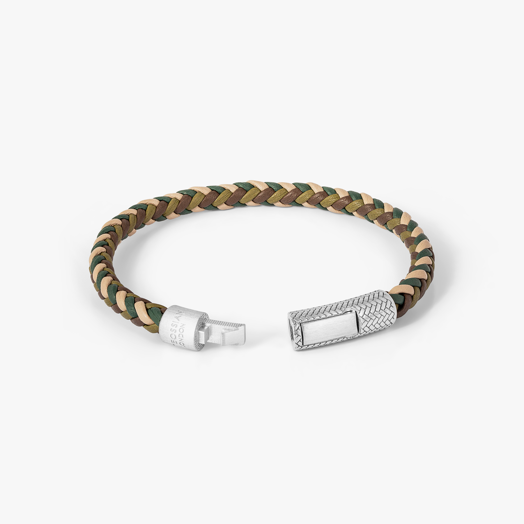 Herringbone Click Multi Pelle Bracelet In Rhodium Plated Sterling Silver With Khaki Leather