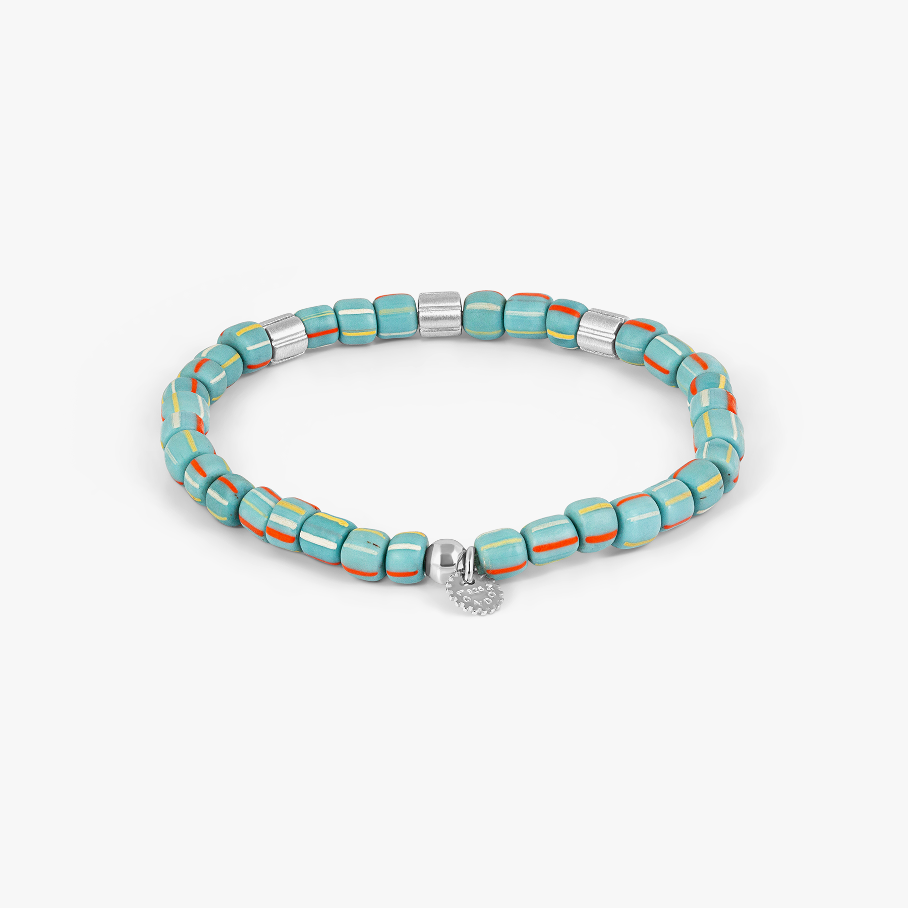 A rhodium-plated sterling silver bracelet with sky blue java glass beads and silver accents.