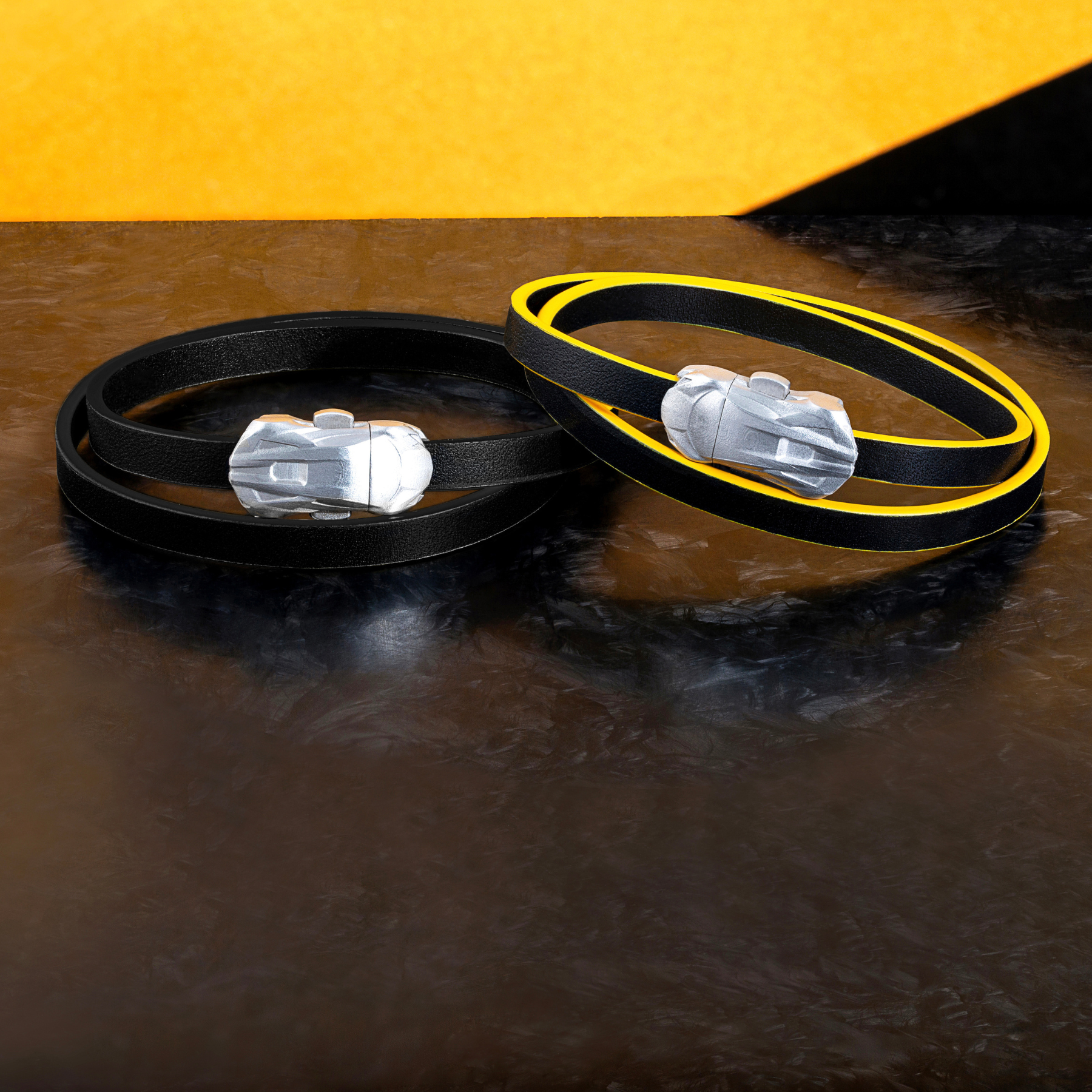 Automobili Lamborghini Double Wrap Leather Bracelet In Black with Rhodium Plated Silver