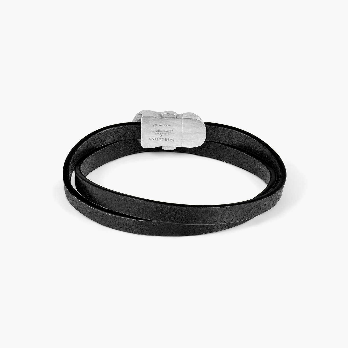 Automobili Lamborghini Double Wrap Leather Bracelet In Black with Rhodium Plated Silver