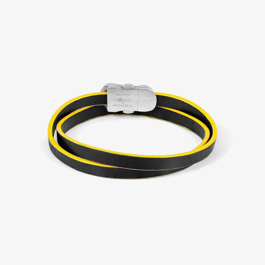 Automobili Lamborghini Double Wrap Leather Bracelet In Black & Yellow with Rhodium Plated Silver