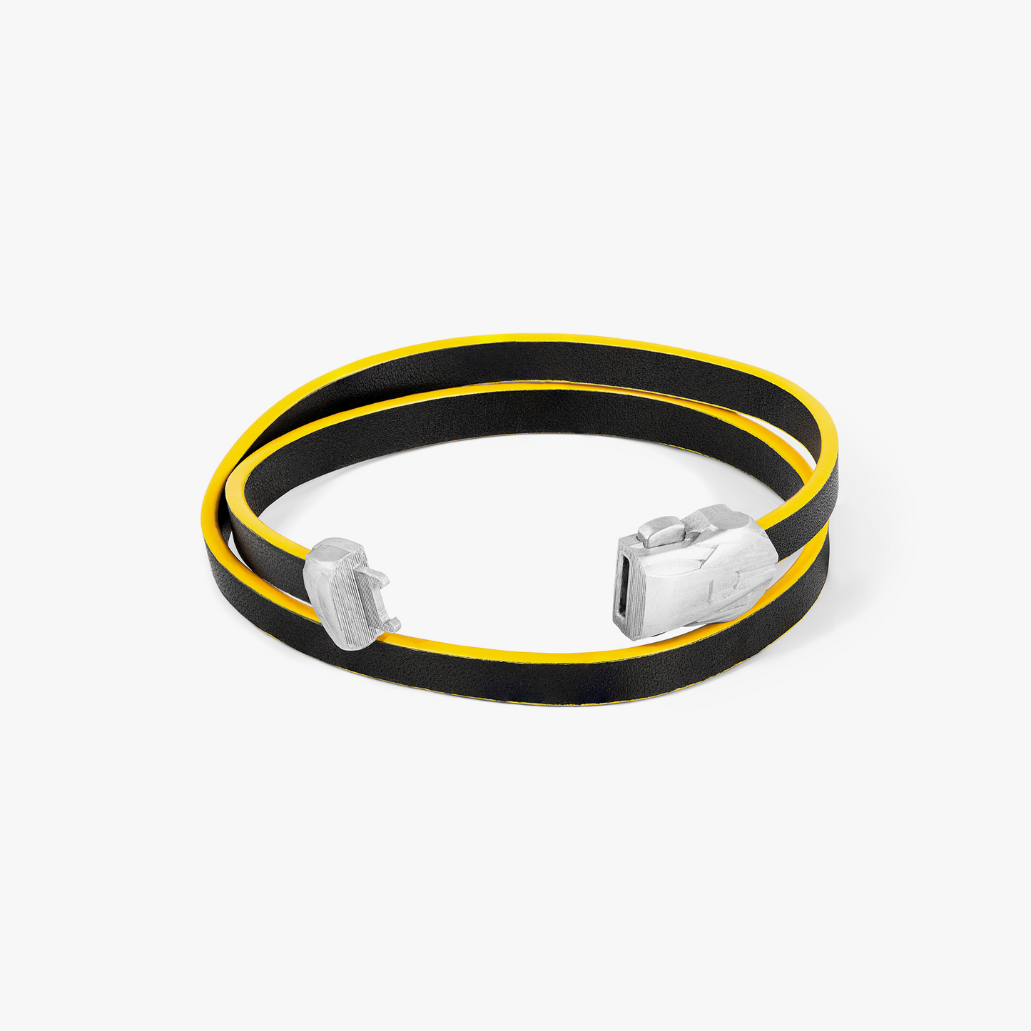 Automobili Lamborghini Double Wrap Leather Bracelet In Black & Yellow with Rhodium Plated Silver