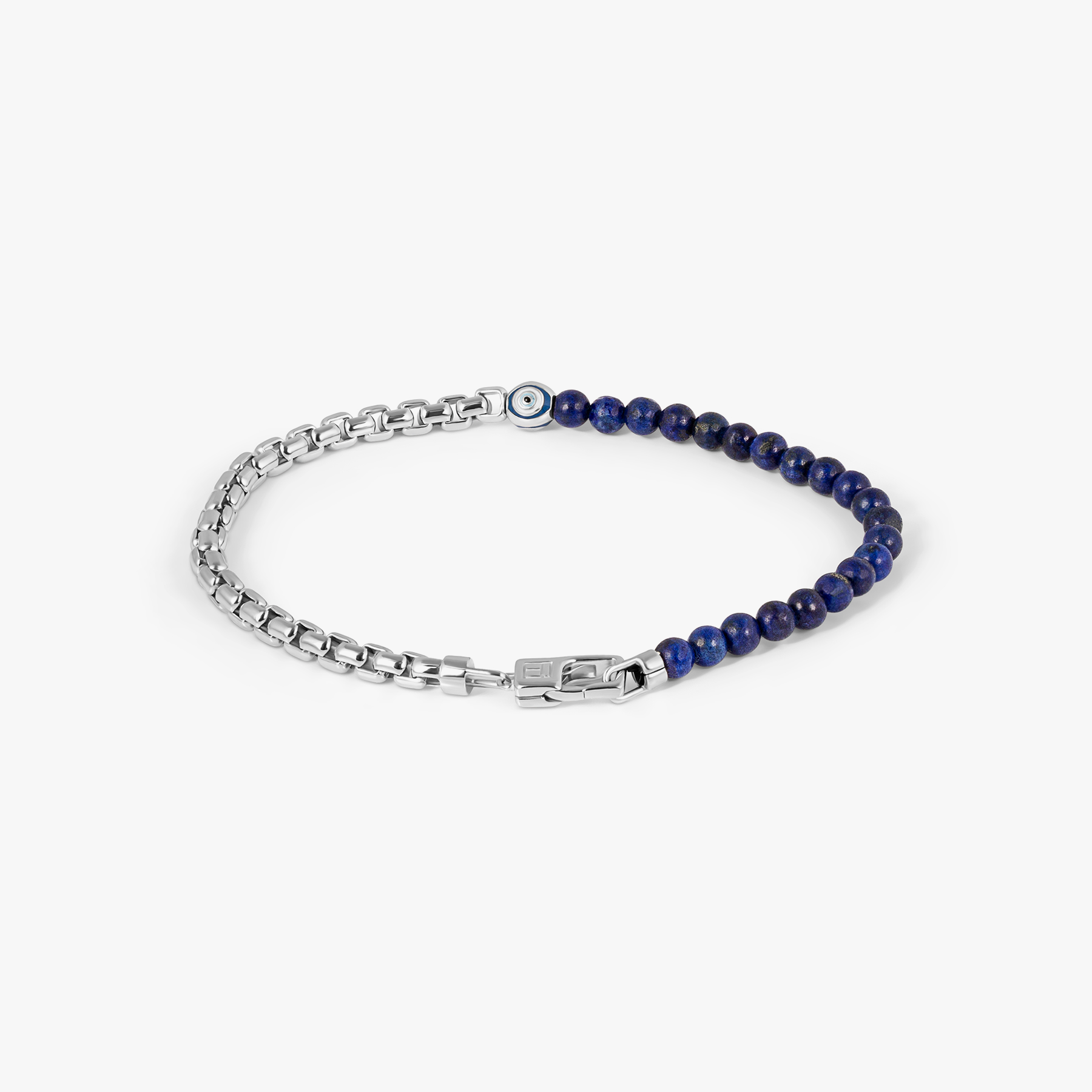 Sennit Box Evil Eye Bracelet In Rhodium Plated Sterling Silver With Lapis