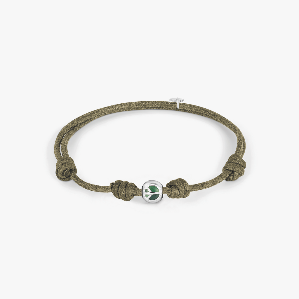 Protective Wax Cord Peace Bracelet In Rhodium Plated Sterling Silver With Green Enamel