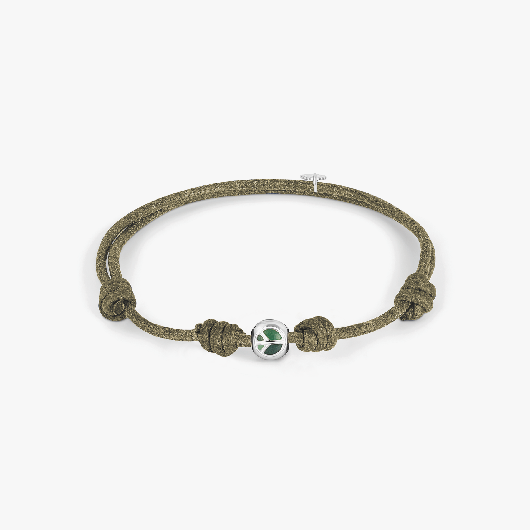Protective Wax Cord Peace Bracelet In Rhodium Plated Sterling Silver With Green Enamel