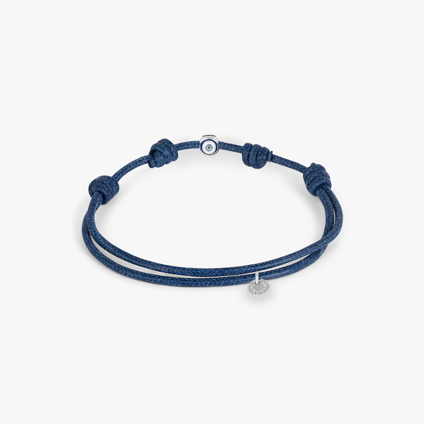 Protective Wax Cord Evil Eye Bracelet In Rhodium Plated Sterling Silver With Blue Enamel