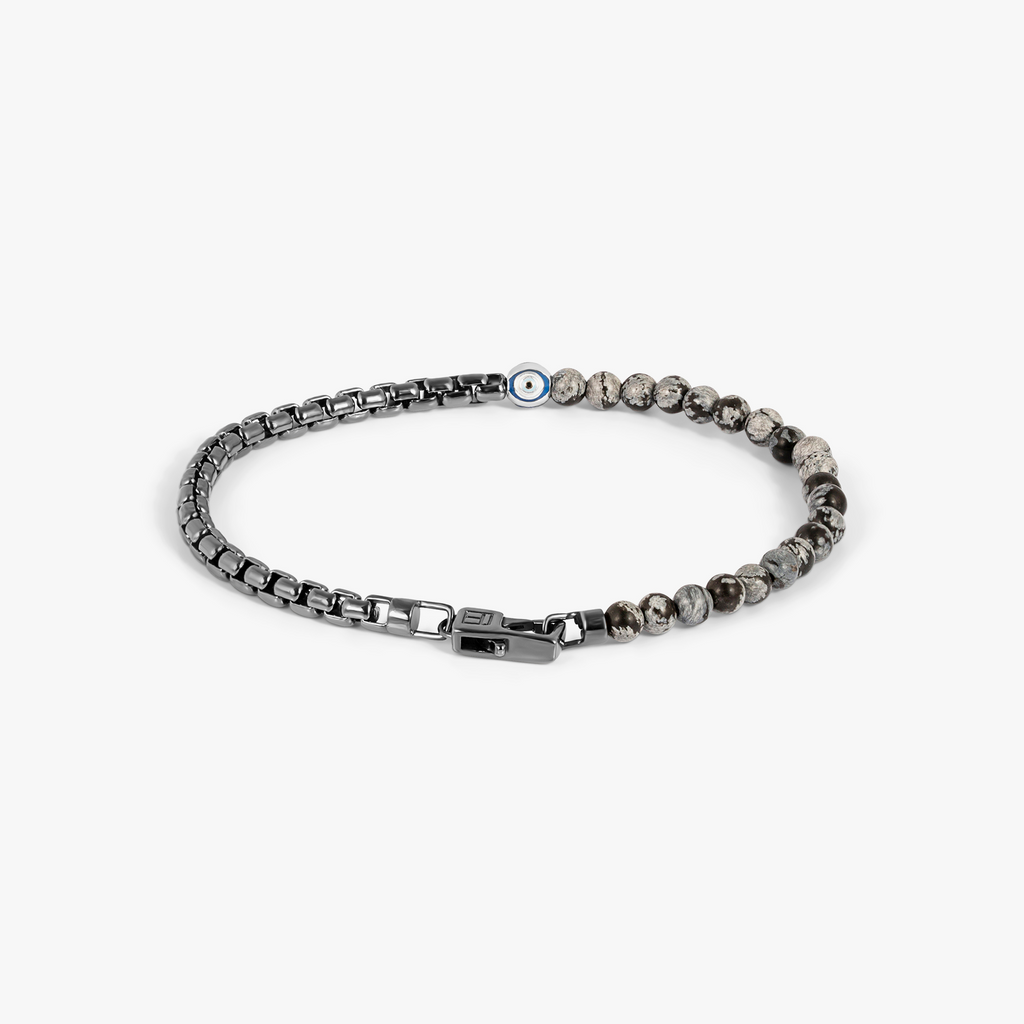 Sennit Box Evil Eye Bracelet In Rhodium Plated Sterling Silver With Snowflake Obsidian