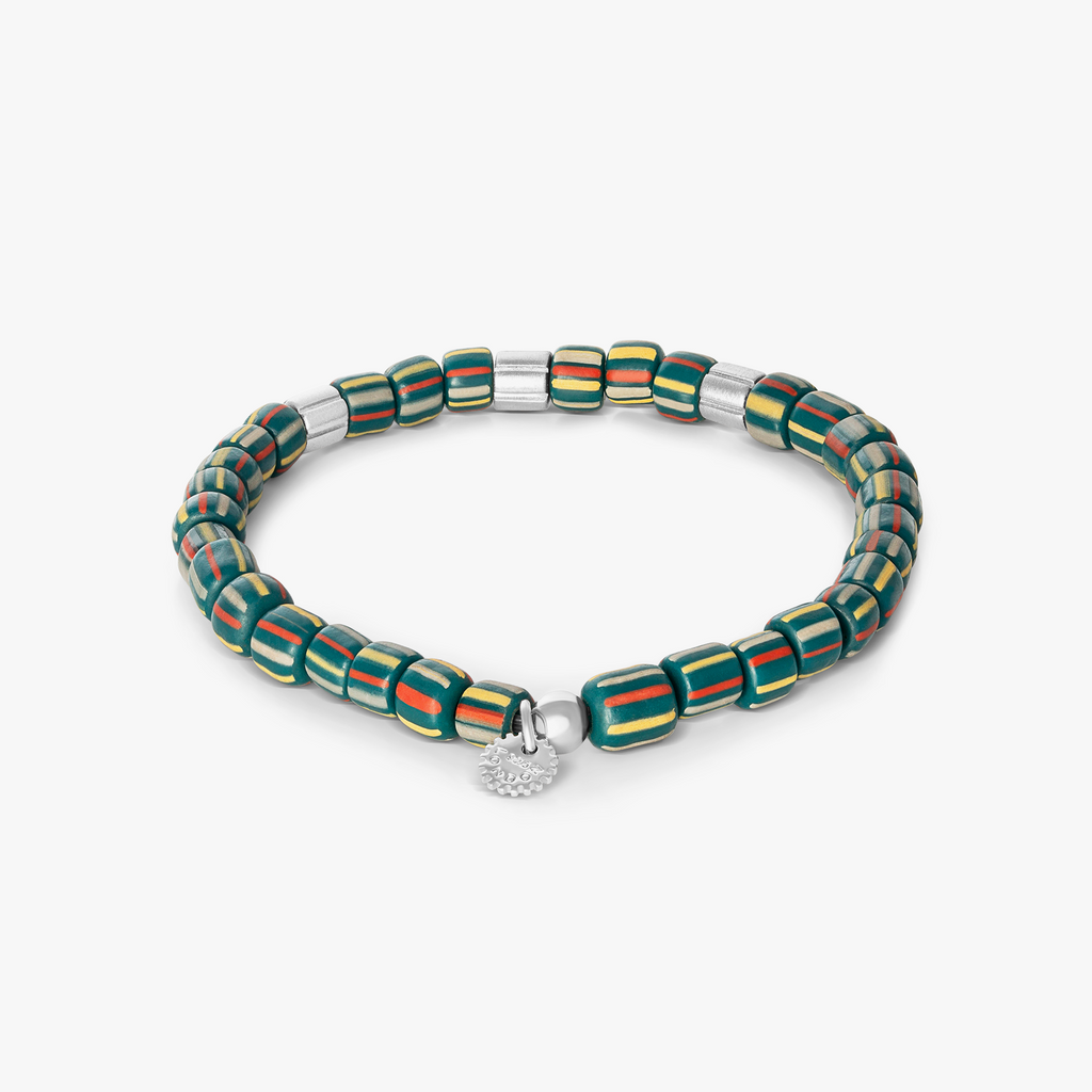 Mini Rigato Java beaded bracelet in green with striped recycled glass beads and rhodium-plated sterling silver accents (limited edition).
