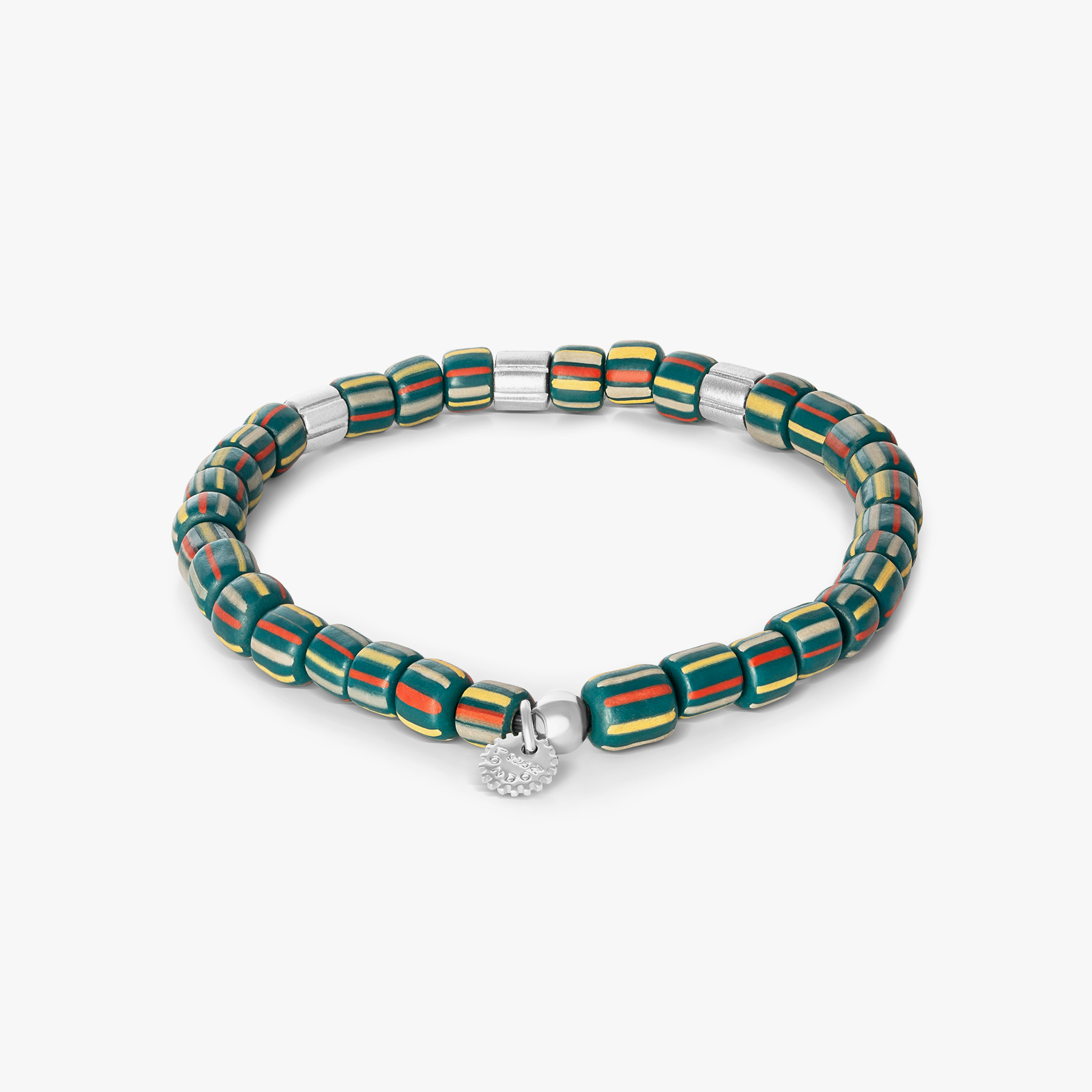 Mini Rigato Java beaded bracelet in green with striped recycled glass beads and rhodium-plated sterling silver accents (limited edition).