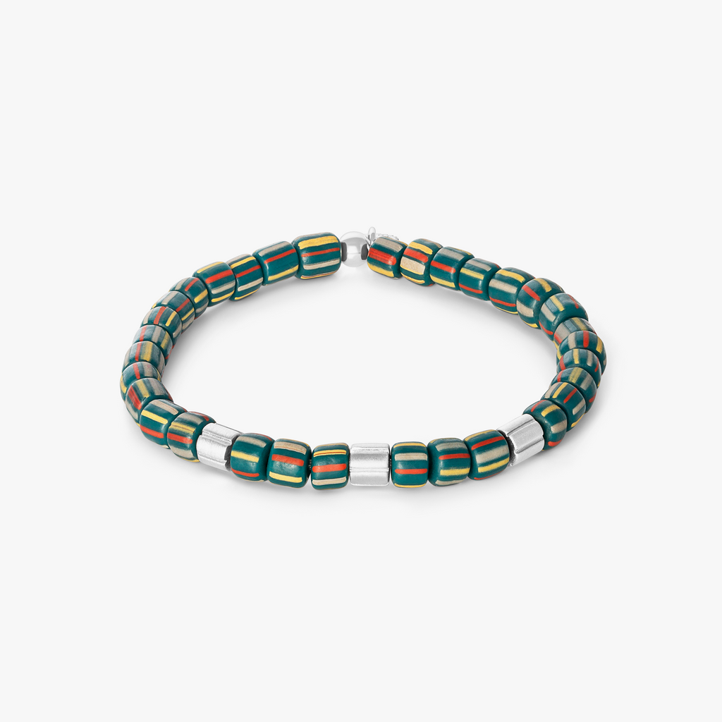 Mini Rigato Java beaded bracelet in green with striped recycled glass beads and rhodium-plated sterling silver accents (limited edition).