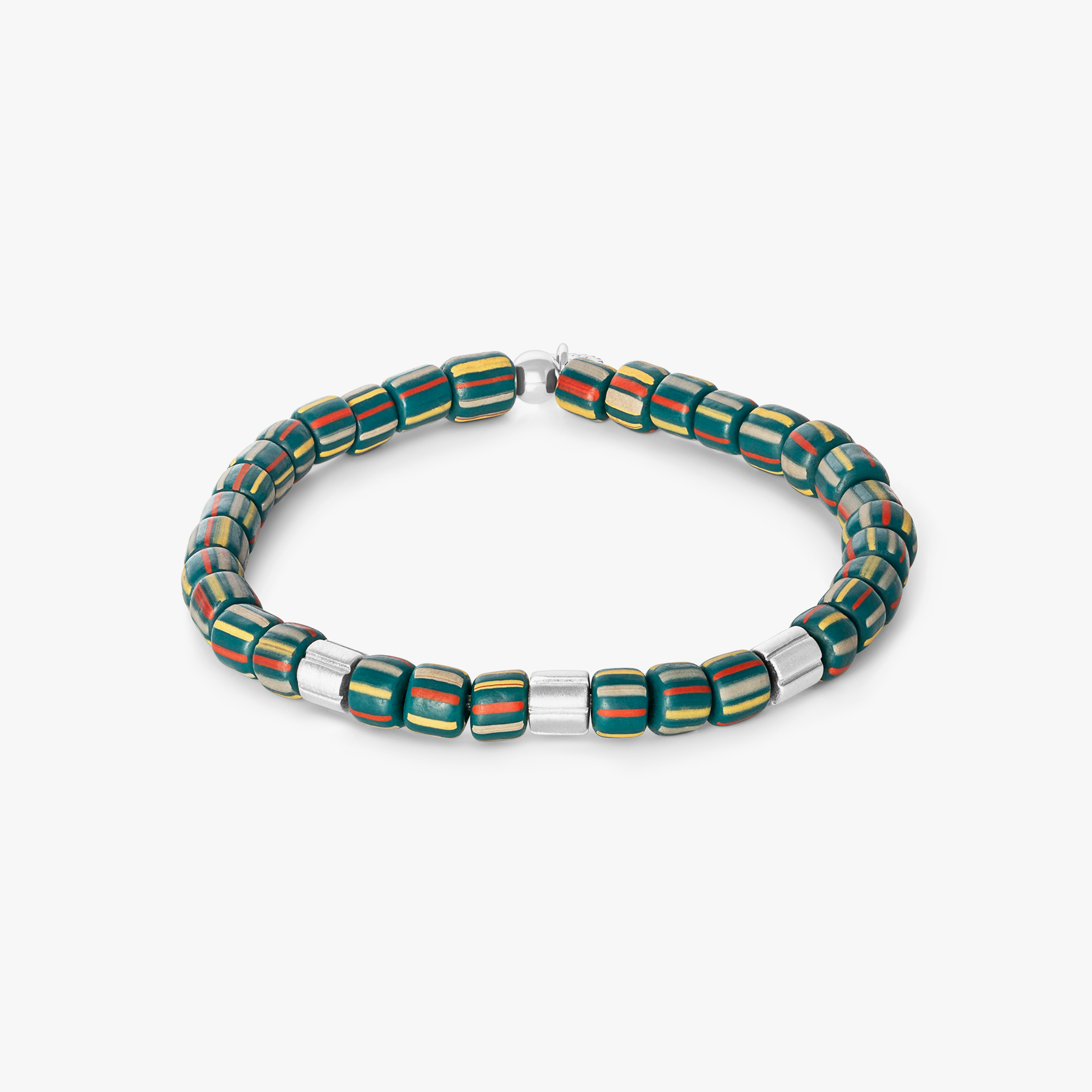 Mini Rigato Java beaded bracelet in green with striped recycled glass beads and rhodium-plated sterling silver accents (limited edition).