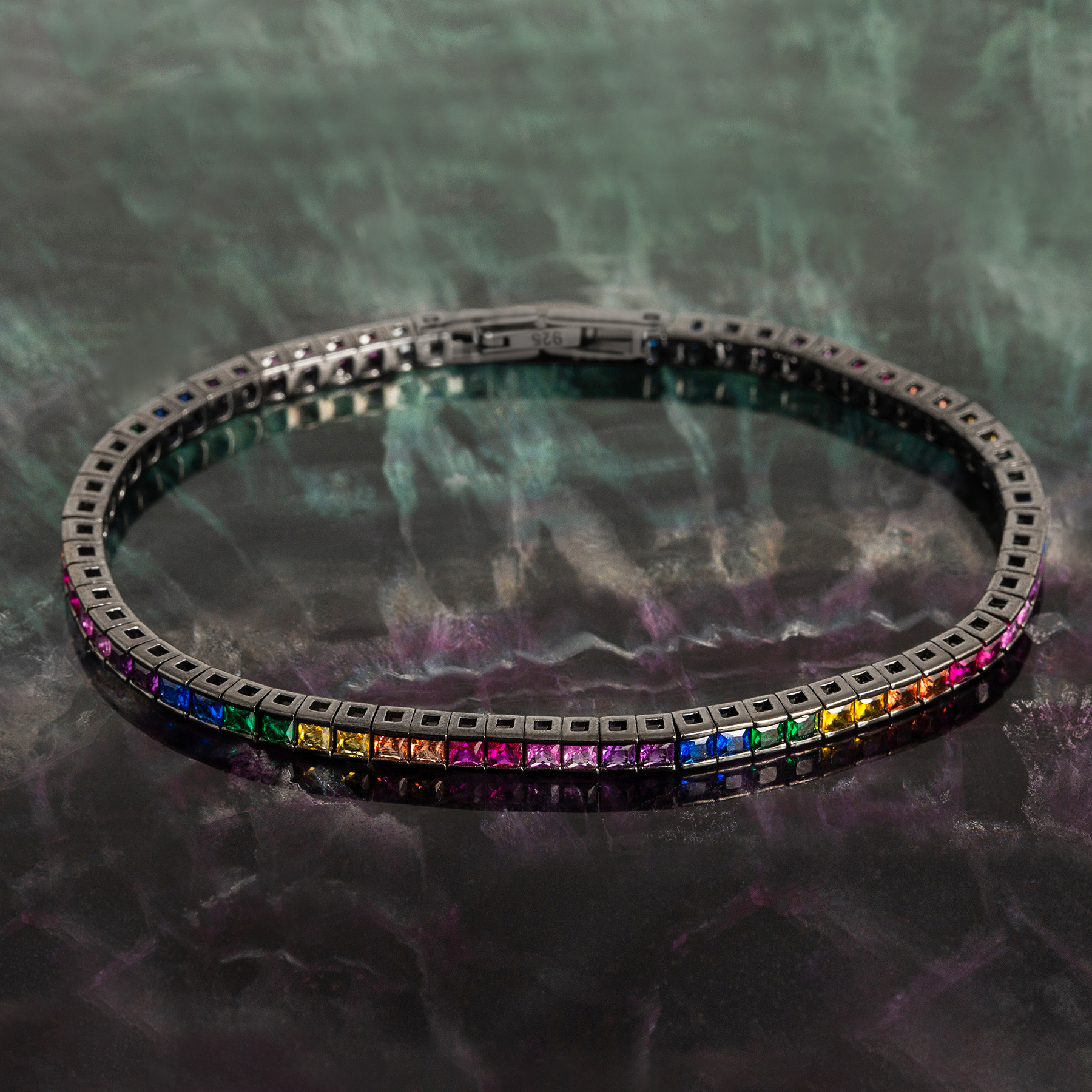Quadro Tennis Semi-Precious Bracelet In Black Rhodium Plated Sterling Silver With Multicolour Nano
