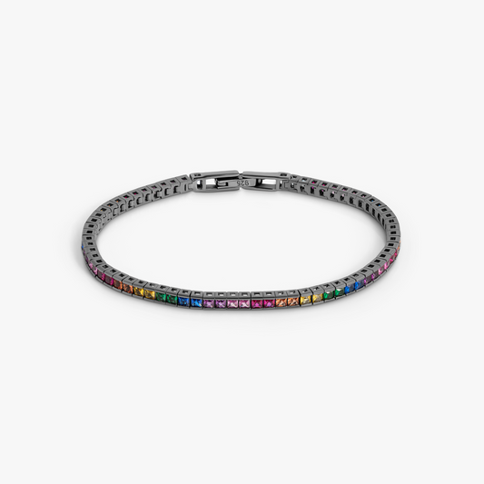 Quadro Tennis Semi-Precious Bracelet In Black Rhodium Plated Sterling Silver With Multicolour Nano