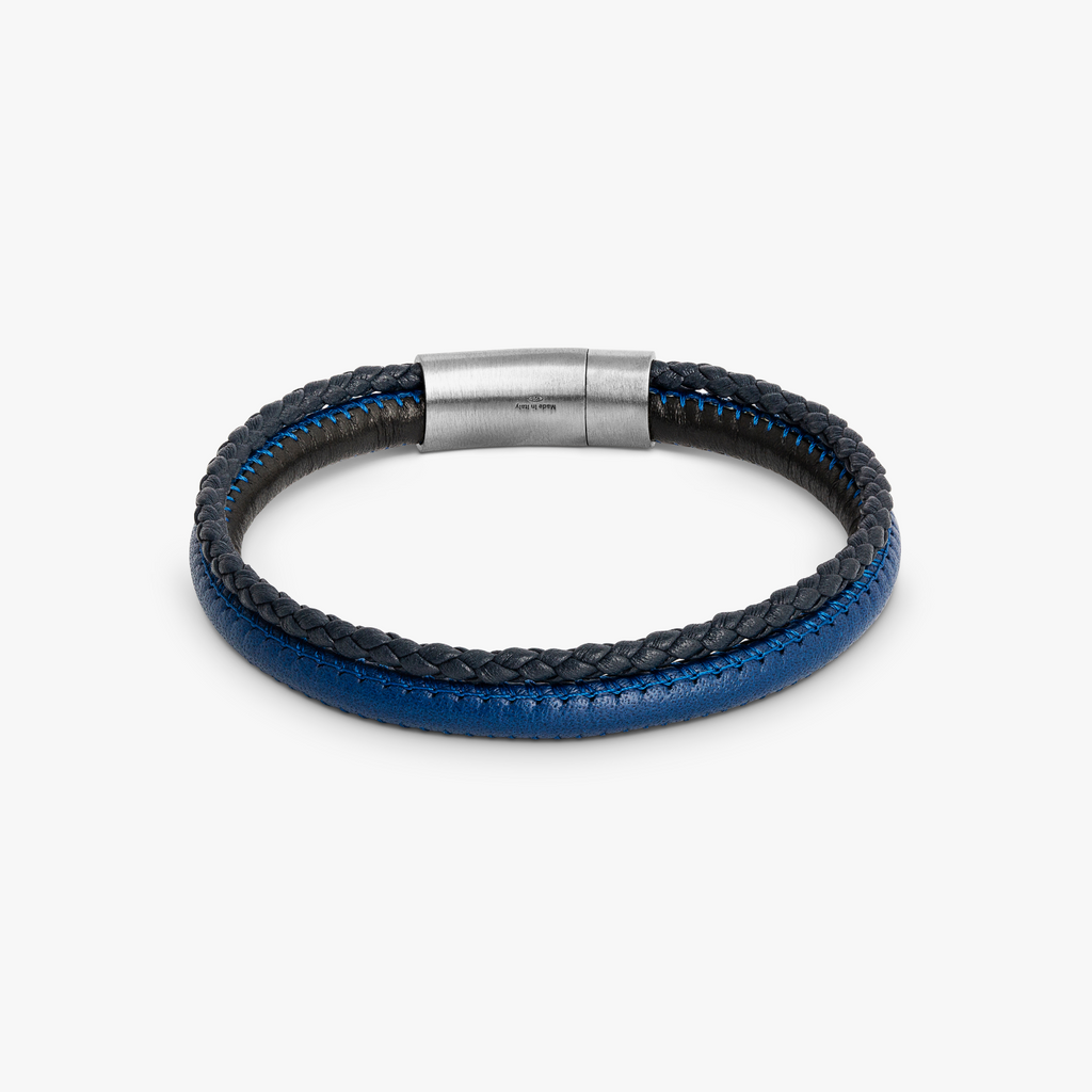 Oblong Click Multi-Stitch Pelle Leather Bracelet in Navy & Black