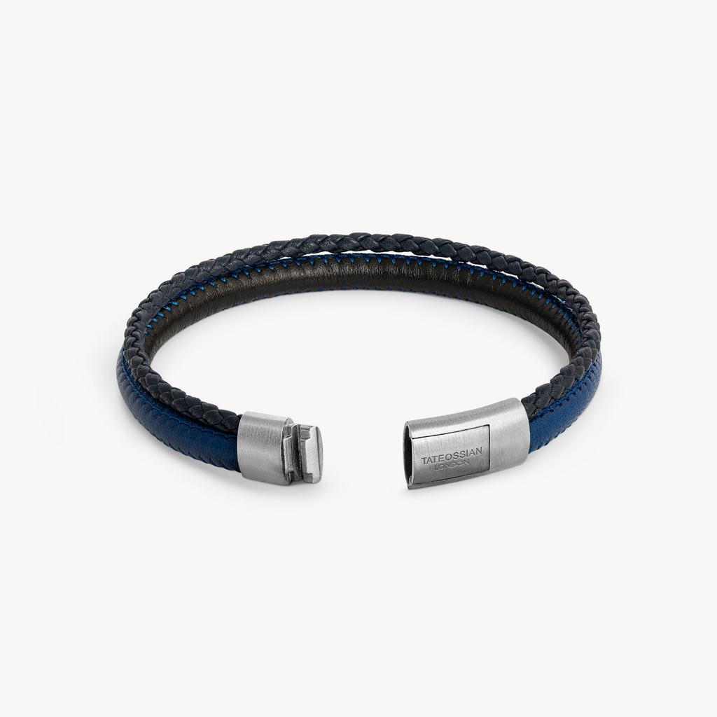 Oblong Click Multi-Stitch Pelle Leather Bracelet in Navy & Black
