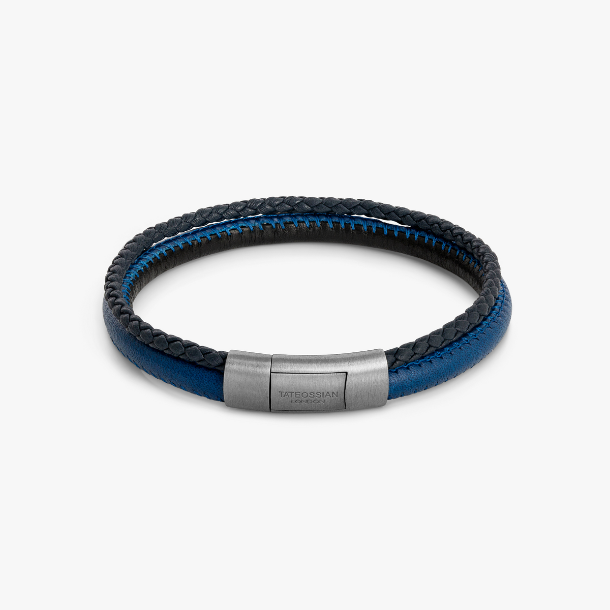 Oblong Click Multi-Stitch Pelle Leather Bracelet in Navy & Black