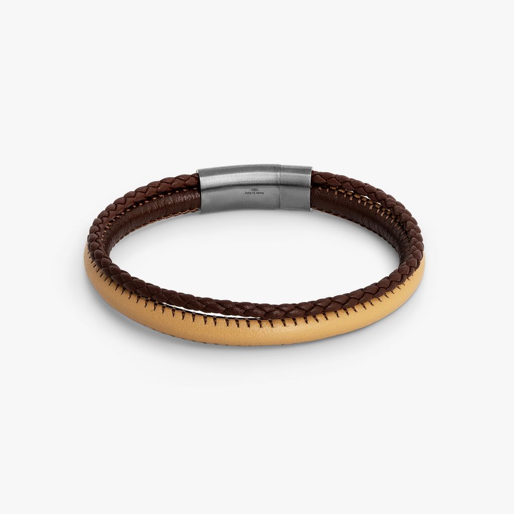Oblong Click Multi-Stitch Pelle Leather Bracelet Brown and Beige