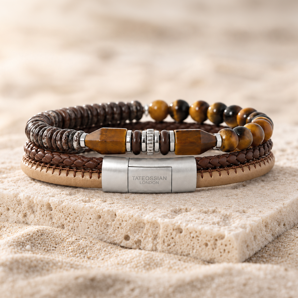 Oblong Click Multi-Stitch Pelle Leather Bracelet Brown and Beige