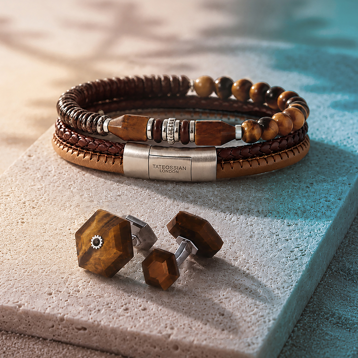 Oblong Click Multi-Stitch Pelle Leather Bracelet Brown and Beige