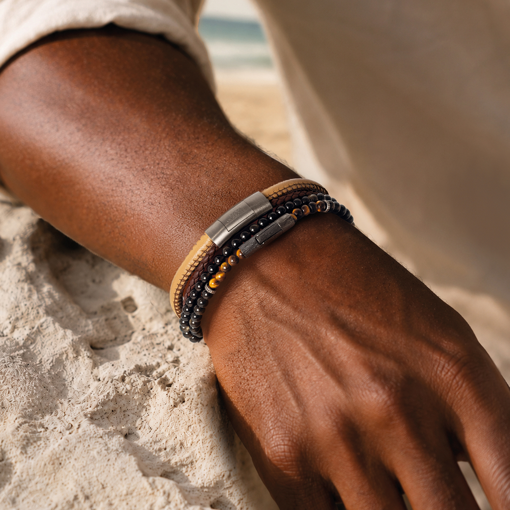 Oblong Click Multi-Stitch Pelle Leather Bracelet Brown and Beige