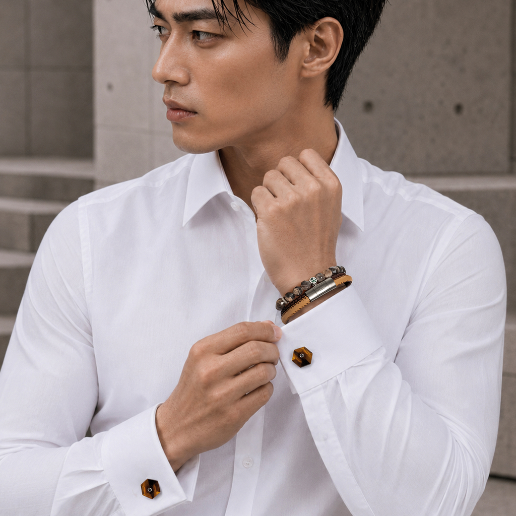 Oblong Click Multi-Stitch Pelle Leather Bracelet Brown and Beige