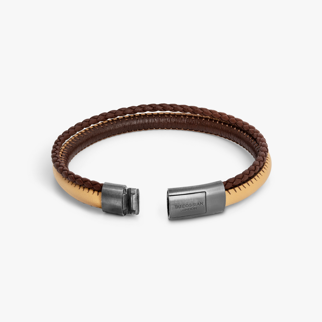 Oblong Click Multi-Stitch Pelle Leather Bracelet Brown and Beige