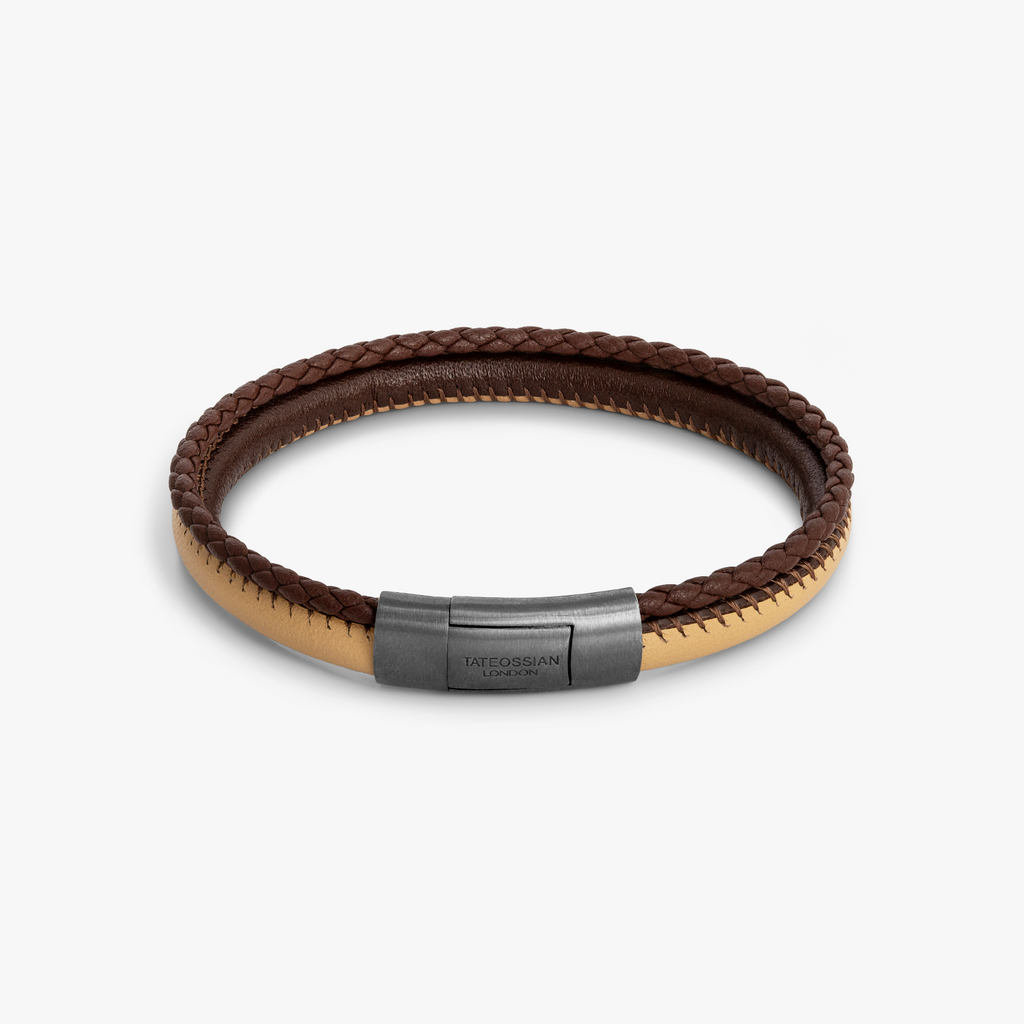 Oblong Click Multi-Stitch Pelle Leather Bracelet Brown and Beige