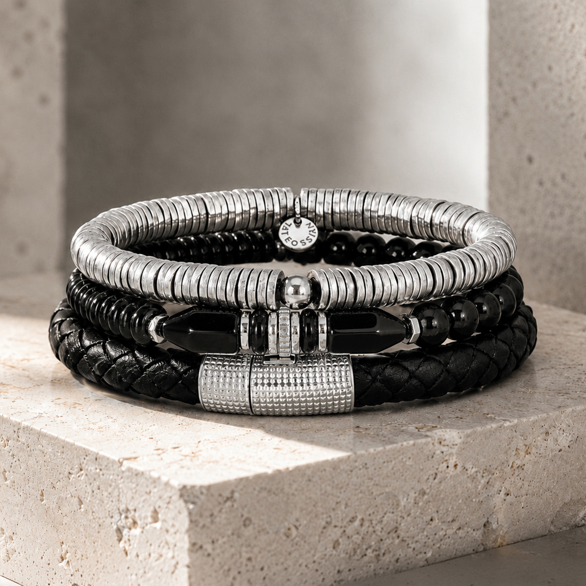 Totem Disc Bead Bracelet in Black Agate With Sterling Silver