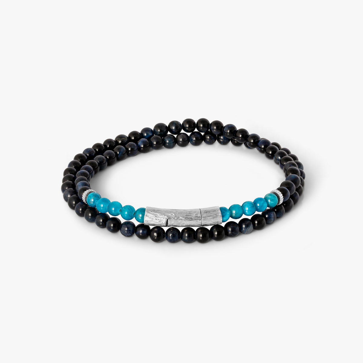 Tubo Graffiato  Double Wrap Beaded Bracelet in Tiger Eye & Blue Apatite With Sterling Silver | Limited Edition
