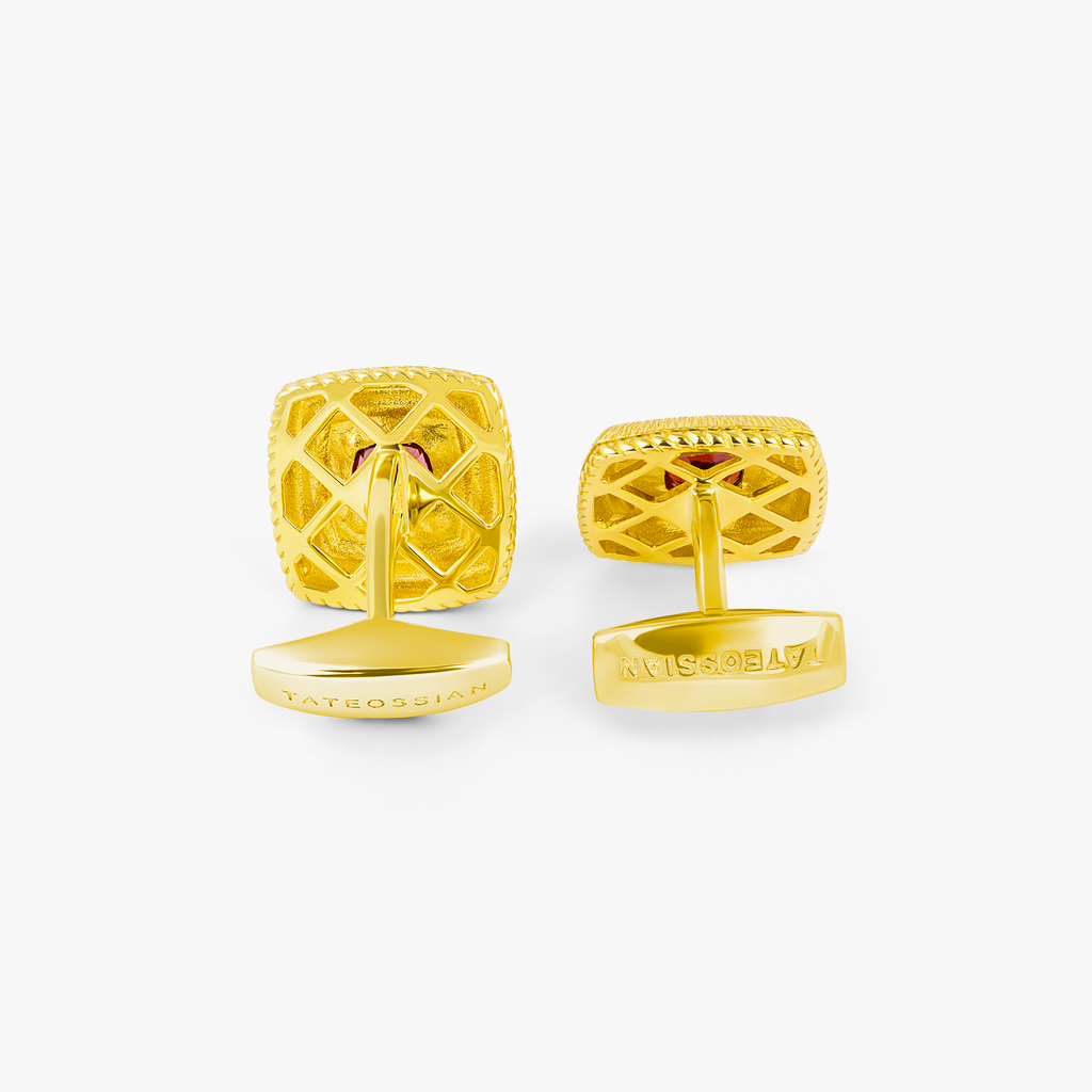 Graffiato Square Precious Cufflinks In Yellow Gold Plated Sterling Silver With Garnet
