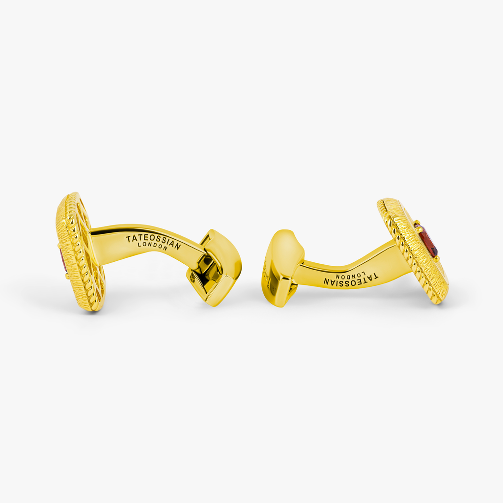Graffiato Square Precious Cufflinks In Yellow Gold Plated Sterling Silver With Garnet