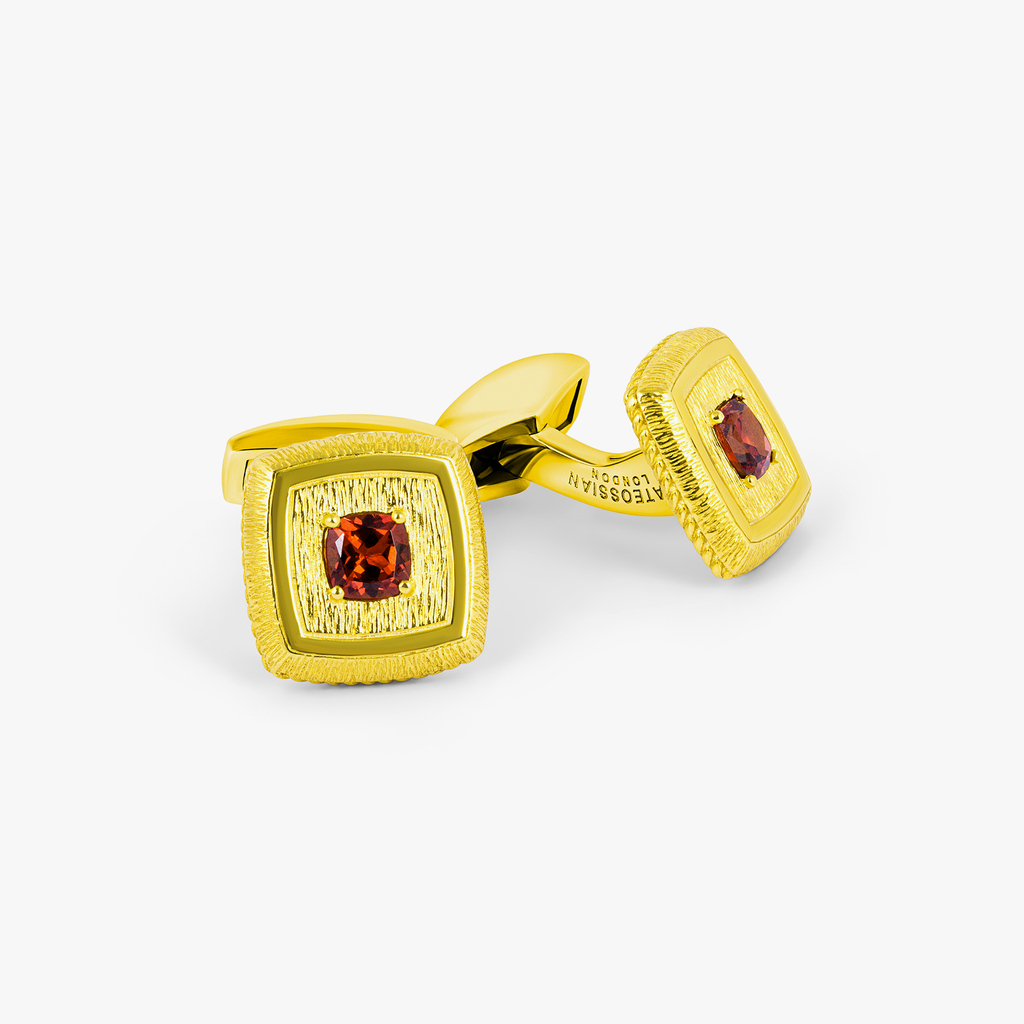 Graffiato Square Precious Cufflinks In Yellow Gold Plated Sterling Silver With Garnet